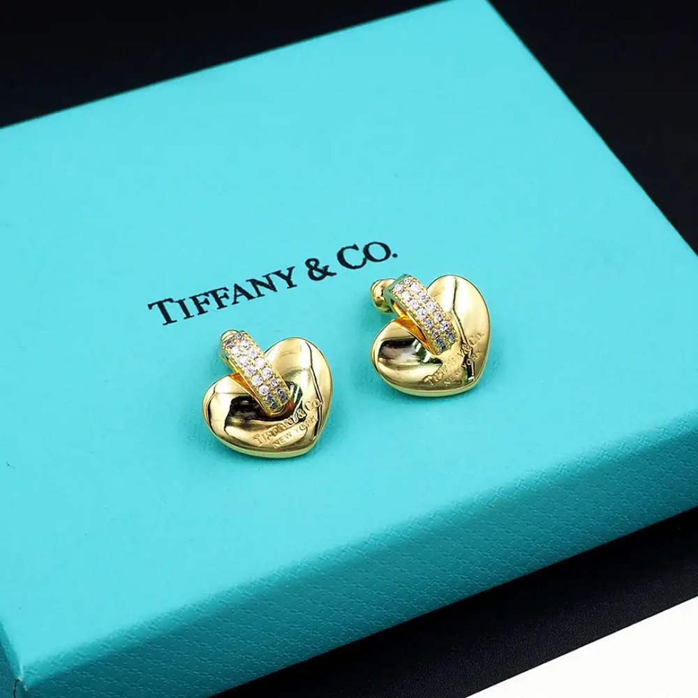 Tiffany & Co. Gold Heart Hoop Diamond Stud Earrings - Picture 2 of 5